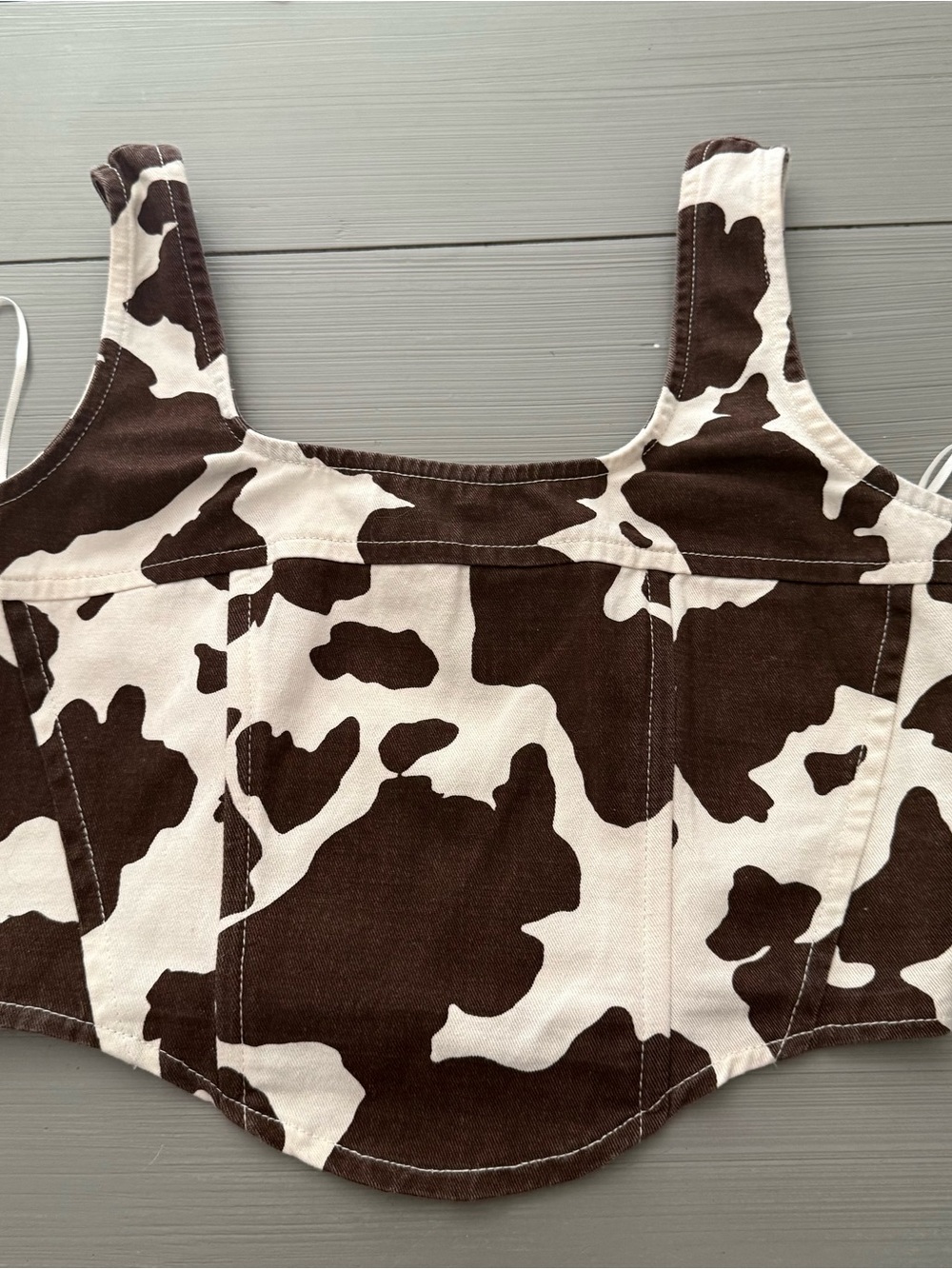 Lone Star Cow Print Corset Structured Denim Crop Top Brown & White